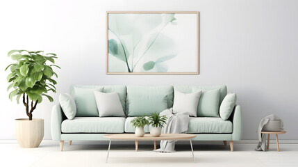 Stylish scandinavian living room interior with design mint sofa, furnitures, mock up poster map, plants, and elegant personal accessories. generative ai.