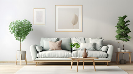 Fototapeta na wymiar Stylish scandinavian living room interior with design mint sofa, furnitures, mock up poster map, plants, and elegant personal accessories. generative ai.