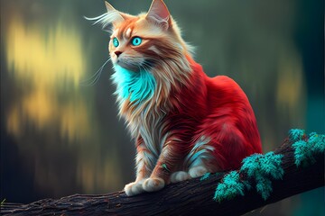 brown and red color cat with blue on the tree with blur bg