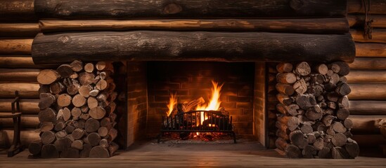 Rustic home interior with cozy fireplace - obrazy, fototapety, plakaty