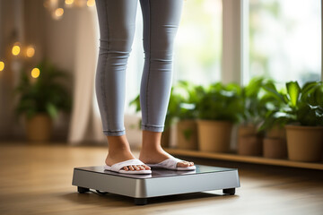 Cropped image of woman feet standing on weigh scales - Powered by Adobe