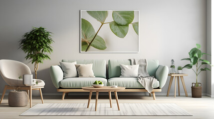 Stylish scandinavian living room with design mint sofa, furnitures, mock up poster map, plants and elegant personal accessories. Modern home decor. Open space with dining room. generative ai.