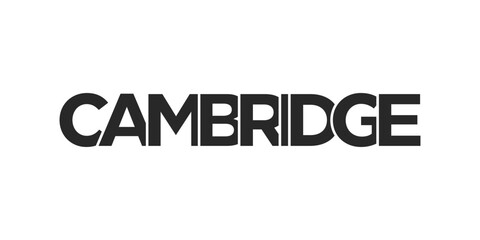 Cambridge city in the United Kingdom design features a geometric style illustration with bold typography in a modern font on white background.