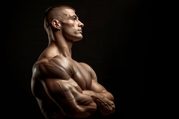 Fototapeta na wymiar Muscular bodybuilder on a black background. Relief and muscles