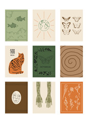 Set of vertical abstract posters in retro asian style for your poster, flyer or banner (Japanese text translation: cat).