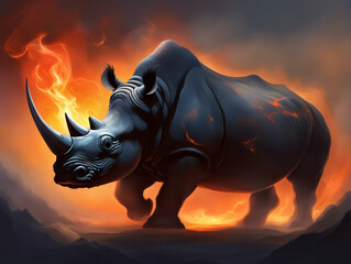 Rhinoceros surrounded by fire and smoke.