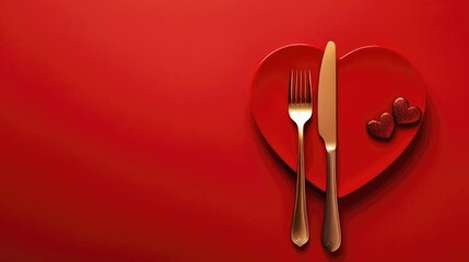 plate in shape of heart, table knife and fork on red valentine's day - obrazy, fototapety, plakaty