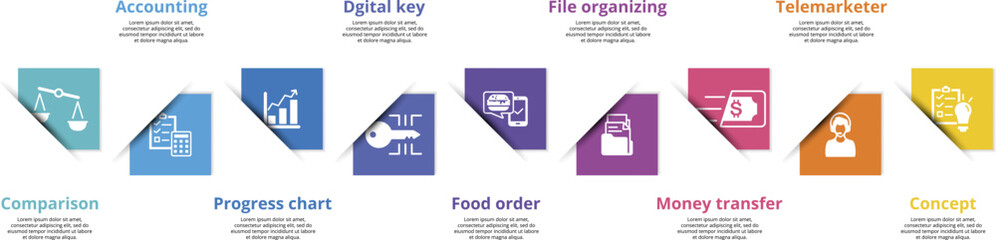 Fototapeta premium Infographics with Digital Service theme icons, 10 steps. Such as comparison, accounting, progress chart, digital key and more.