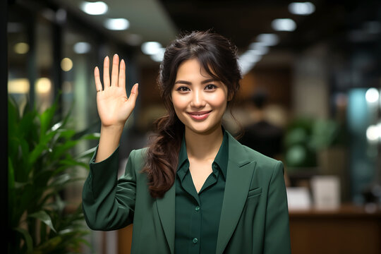 Portrait of a confident Asian businesswoman raising her hand to volunteer and smiling looking at the camera in the office. The concept of strong women showing leadership. International Women's Day. 8  - Powered by Adobe