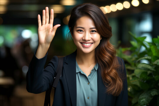 Portrait of a confident Asian businesswoman raising her hand to volunteer and smiling looking at the camera in the office. The concept of strong women showing leadership. International Women's Day. 8 