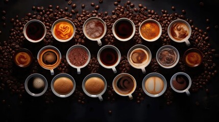 Dive into the world of coffee: An enticing aerial view capturing the diversity of coffee types,...