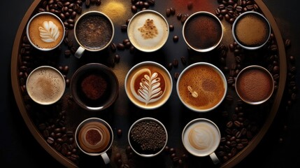 Dive into the world of coffee: An enticing aerial view capturing the diversity of coffee types, from rich espresso to frothy cappuccino.