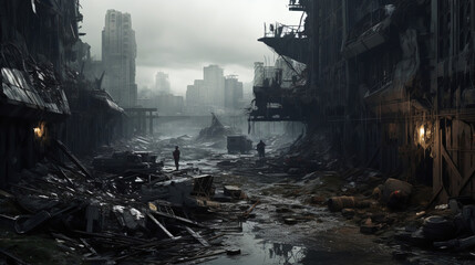 lifeless dark city ruins, dystopia