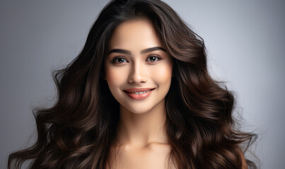 Naklejka premium Confident Southeast Asian Woman with Long Hair Smiling on a White Background, Exemplifying Beauty and Positivity