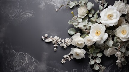An elegant border of white winter roses and frosty holly leaves, framing a smooth slate grey backdrop. 