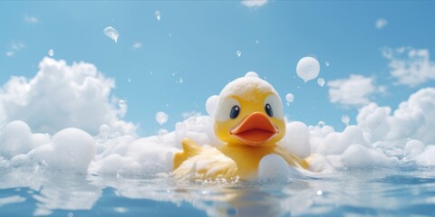 Bubbly Bath Delight: Playful Yellow Rubber Duck Swims with Joy Amidst Child's Head, Soap, and Foam