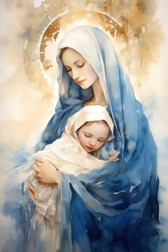 Holy Nativity: Maria and Baby Jesus Depicted in Watercolor Style Illustration