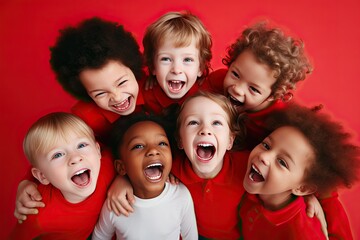 Kids with smile and delight in red clothes.