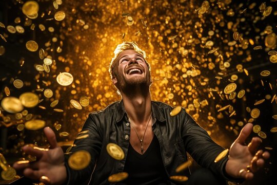 Men caught in the rain of gold coins.