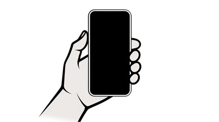 off white Hand holding mobile phone with black blank screen. Black and white tin line illustration of smart device in vertical position. 