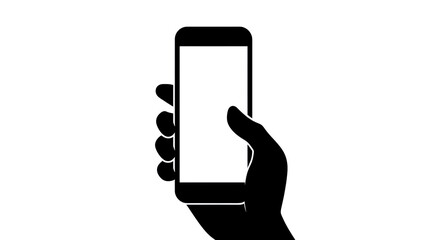 Black right hand holding mobile phone with white blank screen. Black and white illustration of smart device in vertical position. 