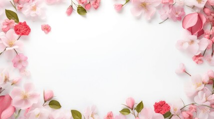 Fototapeta na wymiar Captivating pink blooms: Our assorted floral frame on a clean white background is the perfect canvas for your text.