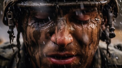 Tears streaming down the face of a soldier. The face of the war.