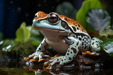 Close-up Amazonian milk frog sitting on a branch in amazon rainforest background