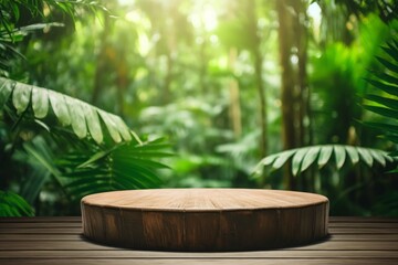 Wood podium outdoors with blur green monstera tropical forest plant, nature background