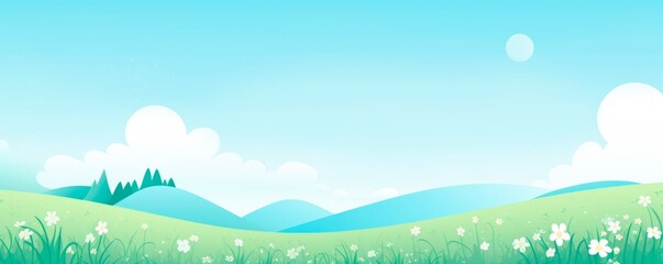 spring panorama landscape, blooming daisies,  flowers. green fields and mountains on a cloudy blue sky, meadows against the backdrop of hills. horizontal wallpaper or banner 
