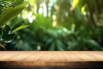 Wood podium outdoors with blur green monstera tropical forest plant, nature background - obrazy, fototapety, plakaty