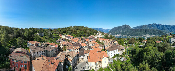 Drone view at the village of Carona on Switzerland - obrazy, fototapety, plakaty