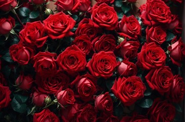 Beautiful red roses as background, top view. Valentine's Day celebration