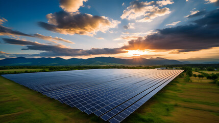 View a bright sunset at a solar farm with large solar panels from an aerial drone,