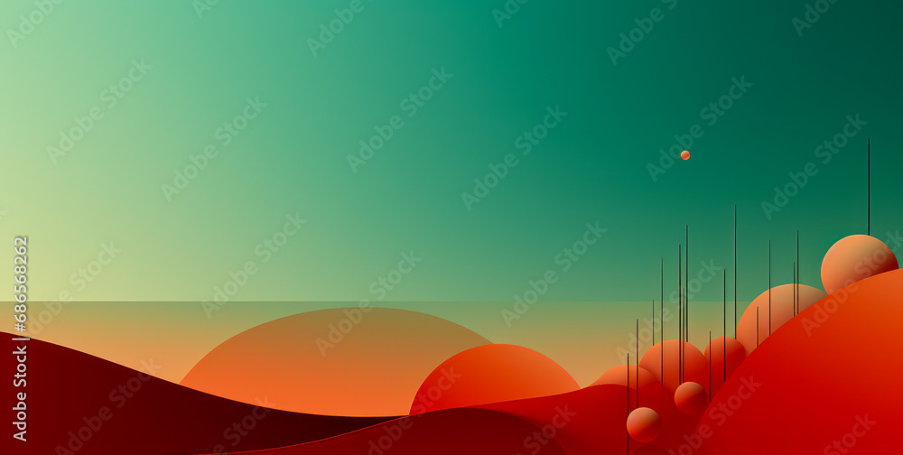 Poster abstract minimalist art of wavy red lines on green gradient background, conceptual negative space st