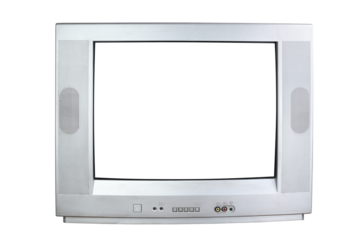 Old silver TV isolated on white background. Retro technology concept. Blank screen for text.Vintage TVs 1980s 1990s 2000s. 
