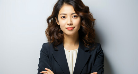 Confident professional Asian businesswoman in a navy blazer with arms crossed standing against a white background, exuding leadership and expertise