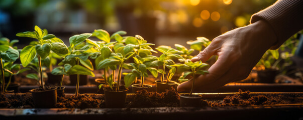 Hands nurturing young plants in a greenhouse with warm sunlight, symbolizing growth, sustainability, and eco-friendly agriculture practices - obrazy, fototapety, plakaty
