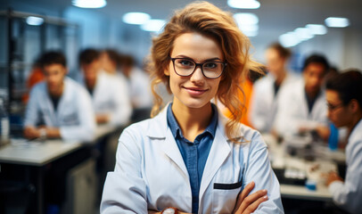Smiling female scientist with glasses standing confidently in a busy laboratory with her team of researchers working in the background