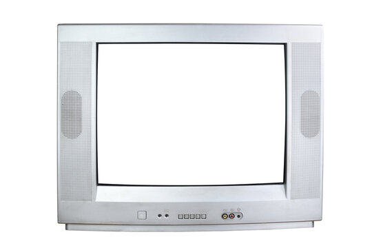 Old silver TV isolated on white background. Retro technology concept. Blank screen for text.Vintage TVs 1980s 1990s 2000s. 