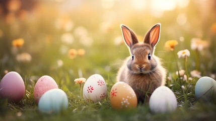 Fototapeta na wymiar Super cute Easter bunny sitting on the green grass with colored eggs. Happy Easter greeting card concept. AI generated image