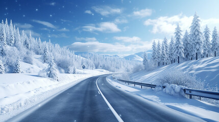 deserted road with snow.Snowflakes and forest of frost.Cold december day.