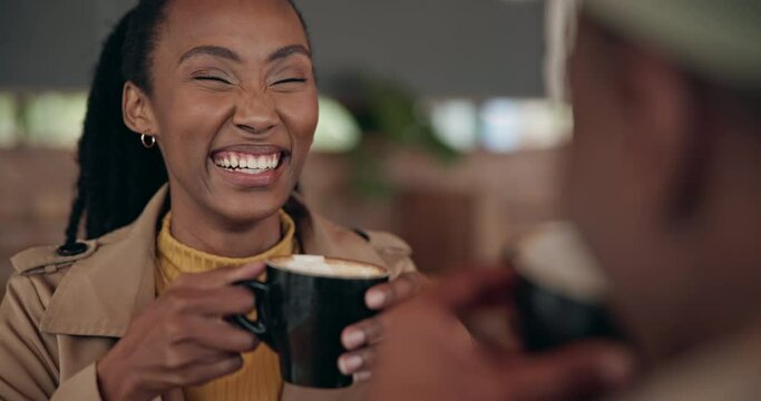 Couple, woman and man with coffee on date at restaurant or cafe for relationship, romance and talking. Black people, tea and communication with laughing, joke and bonding on weekend for love and care