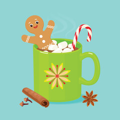 Hot chocolate with marshmallows in cup, gingerbread man and candy cane. Christmas cartoon illustration of winter holiday drink.