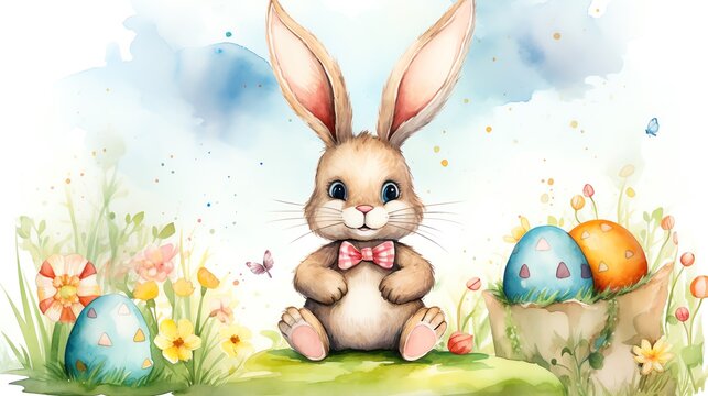 Super cute Easter bunny sitting on the green grass with colored eggs. Happy Easter greeting card concept. AI generated image