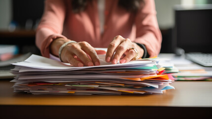 Close-up of a woman's hands organizing a large stack of documents and folders on a wooden desk - obrazy, fototapety, plakaty