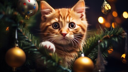 A small red kitten is sitting on the background of a Christmas tree. A holiday card. A cute pet. The atmosphere of the holiday.