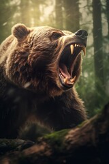 Portrait of brown bear is roaring In the deep forest