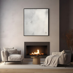 Mock up poster in modern home interior with fireplace, 3d render. generative ai.