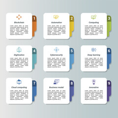 Infographics with Corporative Development theme icons, 10 steps. Such as advancement planning, decision making, organization goal, collaborative resolution and more.